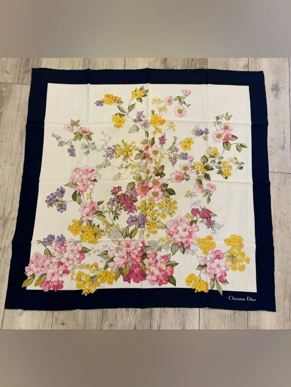 Vintage Christian Dior Silk Floral Scarf Navy Blue Border